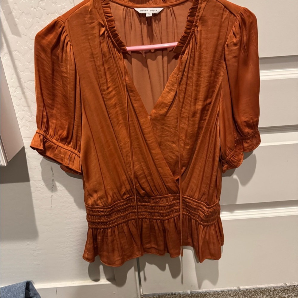 Naked Zebra Brown Wrap Blouse with Ruffled Sleeves